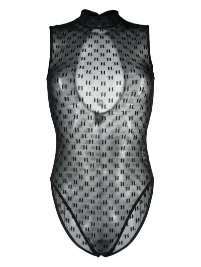 Karl Lagerfeld Monogram Sheer Bodysuit In Black