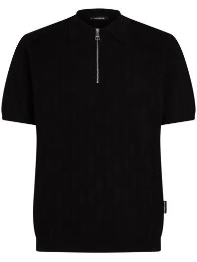 Karl Lagerfeld Monogram Zip-up Polo Shirt In Black