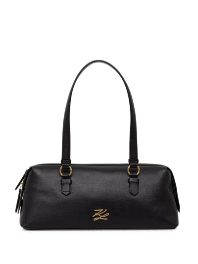 Karl Lagerfeld Monogram-plaque Leather Shoulder Bag In Black