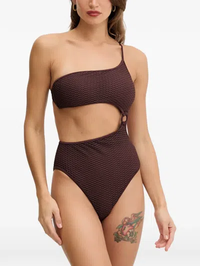 Karl Lagerfeld One-shoulder Cut-out Swimsuit In Brown