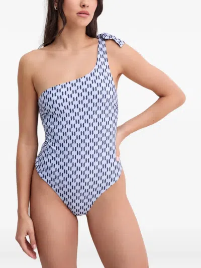 Karl Lagerfeld One-shoulder Monogram Swimsuit In Blue