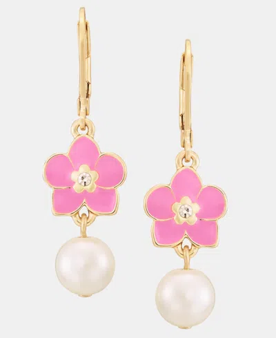 Karl Lagerfeld Orchid & Imitation Pearl Double Drop Earrings In Gold