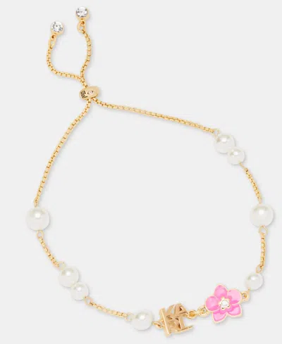 Karl Lagerfeld Orchid & Imitation Pearl Logo Slider Bracelet In Gold