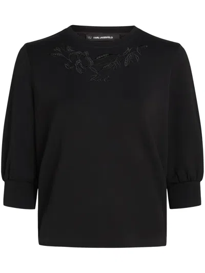 Karl Lagerfeld Orchid-embroidered Sweatshirt In Black