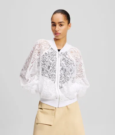 Karl Lagerfeld Orchid Embroidery Bomber Jacket In White