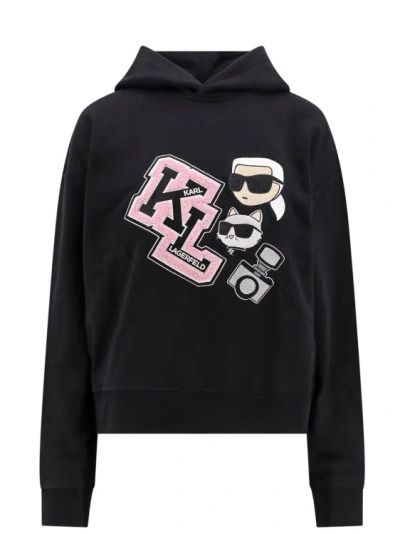Karl Lagerfeld Organic Cotton Sweatshirt With Iconic Embroidery On The Front In Black