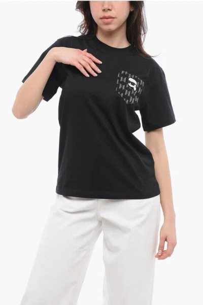 Karl Lagerfeld Oversized Cotton Crew-neck T-shirt With Logo Breast Pocket In Black