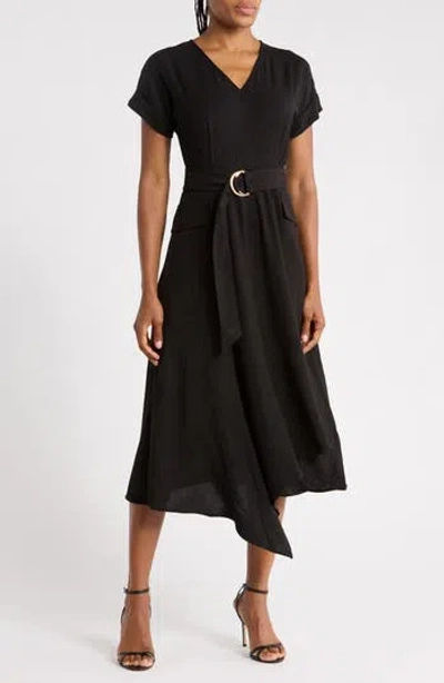 Karl Lagerfeld Paris Aerowash Belted Asymmetric Midi Dress In Black