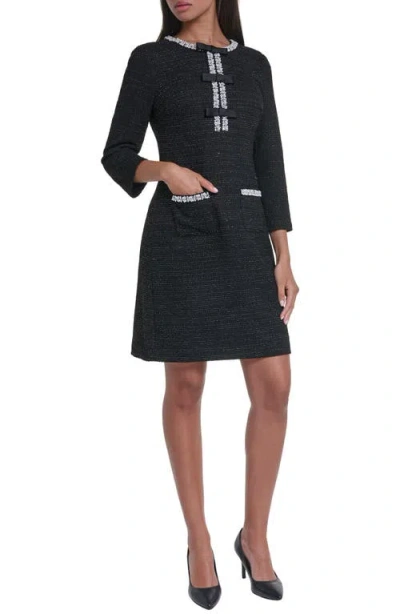 Karl Lagerfeld Paris Bead Detail Shimmer Knit Tweed Shift Minidress In Black