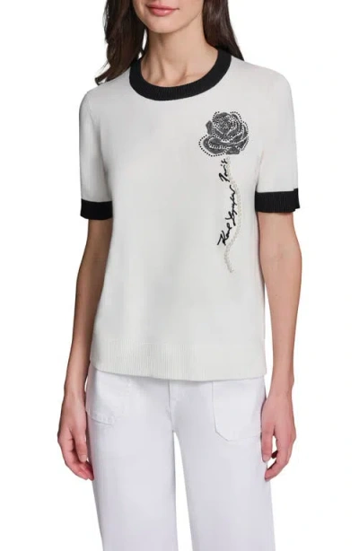 Karl Lagerfeld Paris Beaded Rose & Faux Pearl Detail Short Sleeve Sweater In White