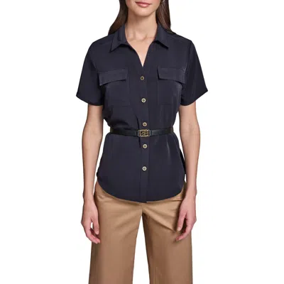 Karl Lagerfeld Paris Belted Button-up Shirt In Black