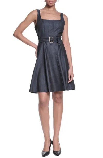 Karl Lagerfeld Paris Belted Denim Fit & Flare Dress In Blue