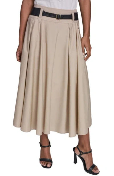 Karl Lagerfeld Paris Belted Pleated Midi Cotton A-line Skirt In Neutral