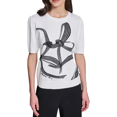Karl Lagerfeld Paris Bow Print Short Sleeve Cotton Sweater In Multi