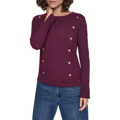 Karl Lagerfeld Paris Button Embellished Long Sleeve Knit Top In Burgundy
