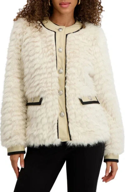 Karl Lagerfeld Paris Collarless Faux Fur Jacket In Gray