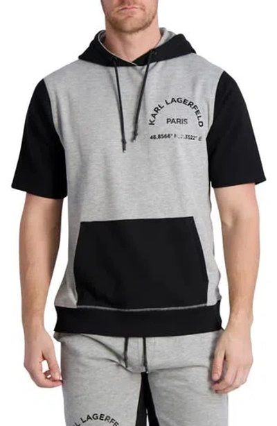 Karl Lagerfeld Paris Color Block Short Sleeve Hoodie In Black/grey