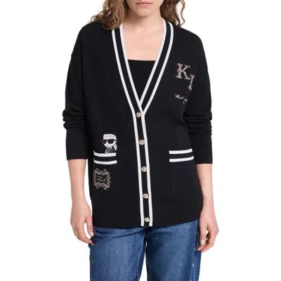 Karl Lagerfeld Paris Contrast Trim Cardigan In Black/soft White