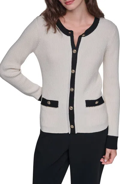 Karl Lagerfeld Paris Contrast Trim Ribbed Cardigan In White