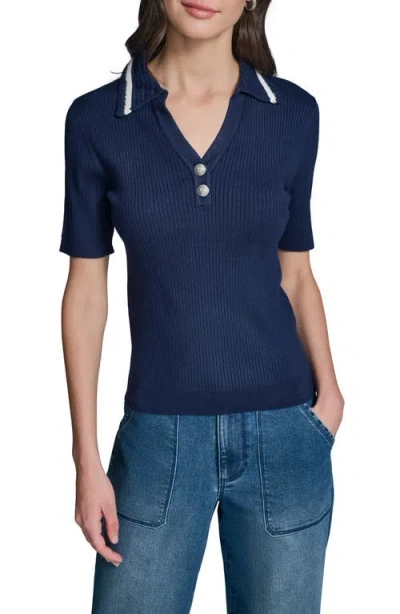 Karl Lagerfeld Paris Crochet Collar Rib Polo Sweater In Blue