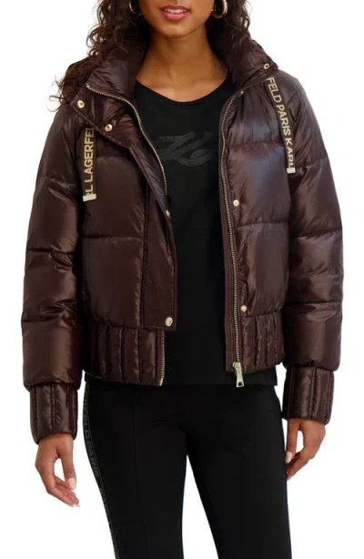 Karl Lagerfeld Paris Crop Puffer Bomber Jacket In Brown