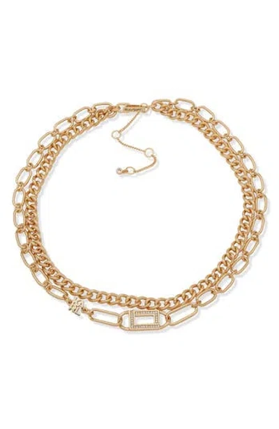Karl Lagerfeld Paris Crystal Logo Layered Chain Necklace In Gold