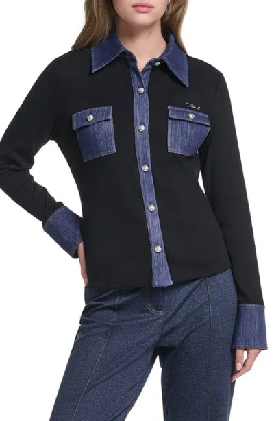 Karl Lagerfeld Paris Denim Accent Knit Shirt In Blue