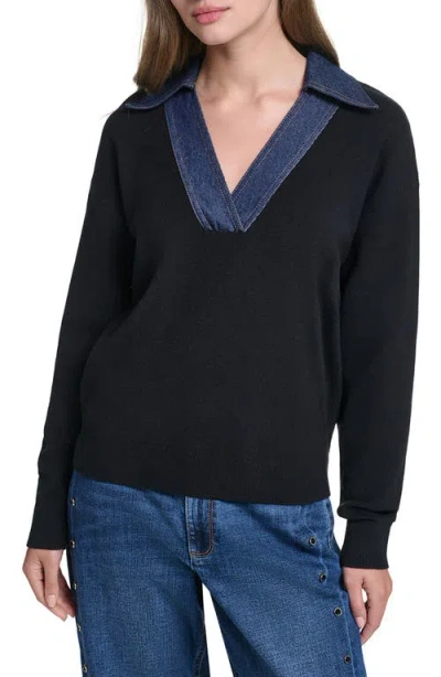 Karl Lagerfeld Paris Denim Collar V-neck Sweater In Black