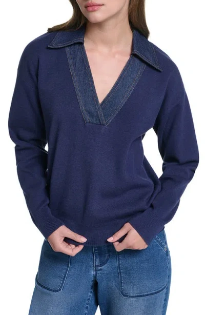 Karl Lagerfeld Paris Denim Collar V-neck Sweater In Naval Academy