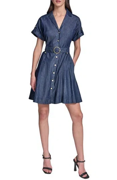 Karl Lagerfeld Chambray Denim Belted Shirt Dress In Blue