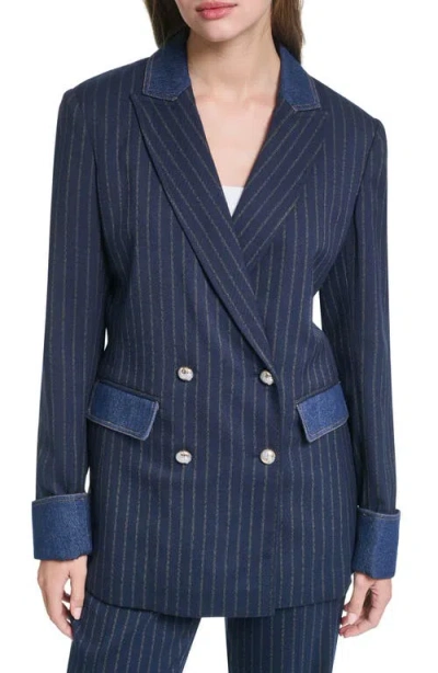 Karl Lagerfeld Paris Denim Trim Striped Blazer In Navy/gold