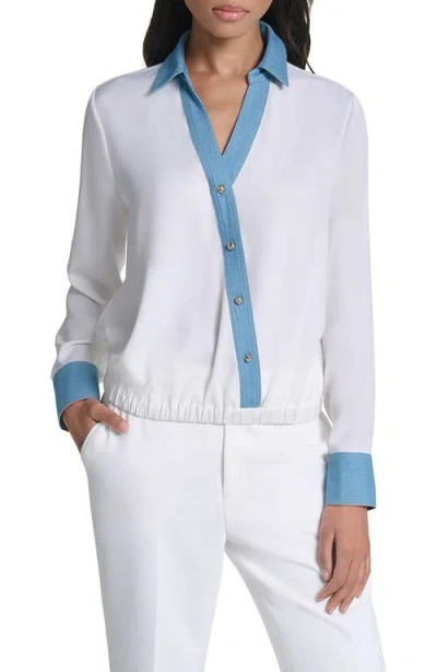 Karl Lagerfeld Paris Denim Trim V-neck Blouse In Soft White
