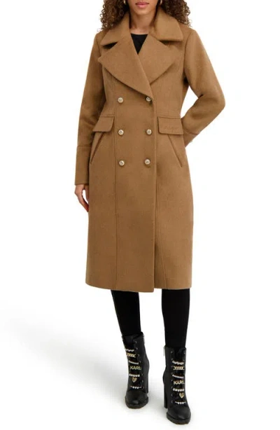 Karl Lagerfeld Paris Double Breasted Wool Blend Coat In Brown