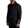 Karl Lagerfeld Faux Leather Trimmed Regular Fit Double Breasted Peacoat In Black