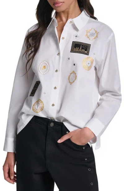 Karl Lagerfeld Paris Embellished Patch Cotton Shirt In White