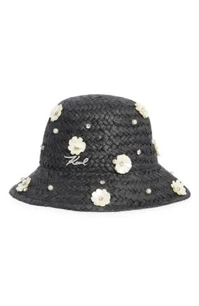 Karl Lagerfeld Paris Embellished Straw Bucket Hat In Black