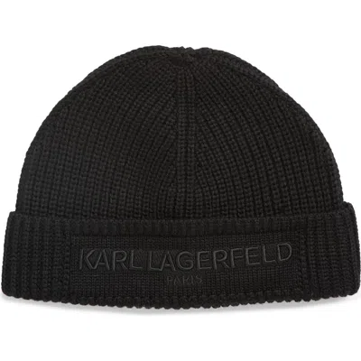 Karl Lagerfeld Paris Embroidered Fisherman Knit Beanie In Black