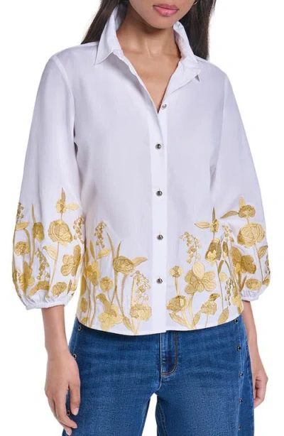 Karl Lagerfeld Paris Embroidered Puff Sleeve Cotton Shirt In White