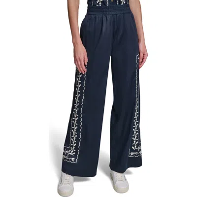 Karl Lagerfeld Paris Embroidered Wide Leg Pants In Blue