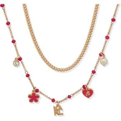 Karl Lagerfeld Paris Enamel, Crystal & Imitation Pearl Logo Charm Layered Necklace In Gold