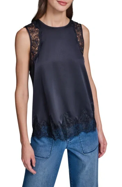 Karl Lagerfeld Paris Eyelash Lace Trim Satin Tank In Blue