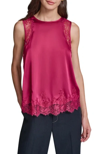 Karl Lagerfeld Paris Eyelash Lace Trim Satin Tank In Brown