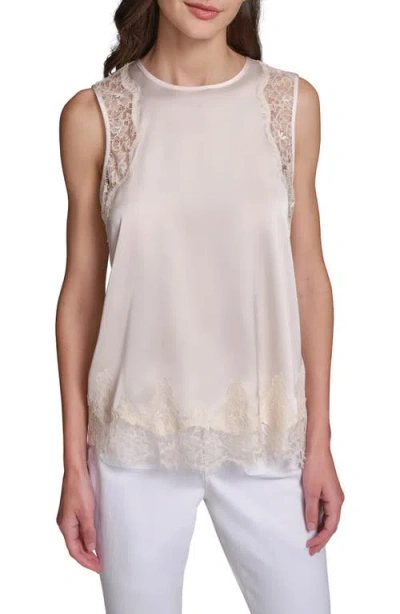 Karl Lagerfeld Paris Eyelash Lace Trim Satin Tank In Neutral