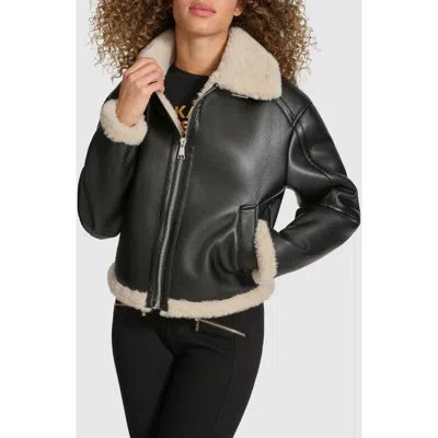 Karl Lagerfeld Paris Faux Leather & Faux Shearling Bomber Jacket In Black
