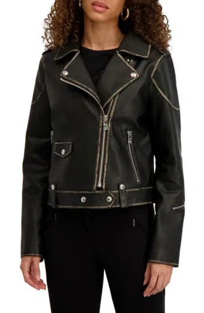 Karl Lagerfeld Paris Faux Leather Crop Moto Jacket In Black