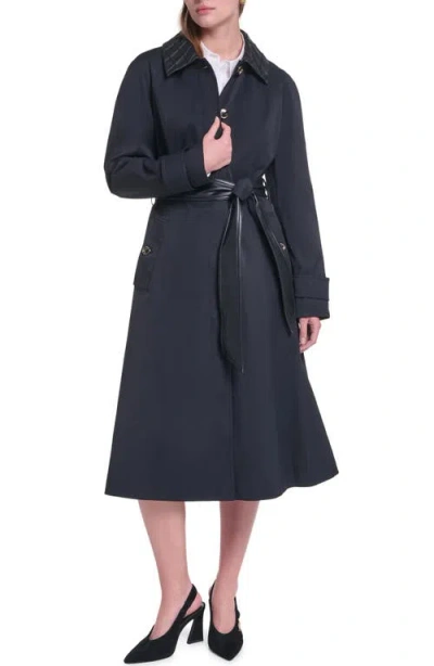 Karl Lagerfeld Paris Faux Leather Trim Trench Coat In Black