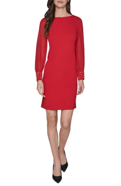 Karl Lagerfeld Paris Faux Pearl Cuff Long Sleeve Scuba Crepe Sheath Dress In Red