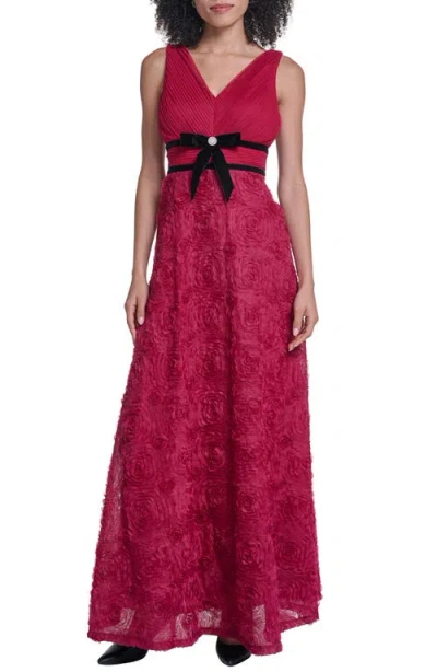 Karl Lagerfeld Paris Floral Bow Waist Sleeveless Gown In Cherry