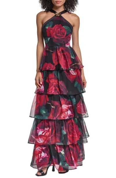 Karl Lagerfeld Paris Floral Halter Neck Tiered Gown In Multi