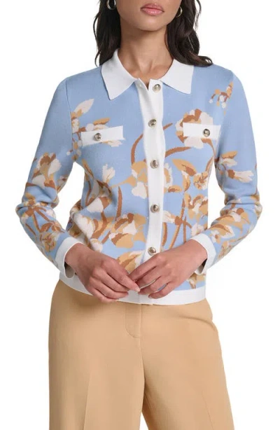 Karl Lagerfeld Paris Floral Long Sleeve Cardigan In Steel Blue Multi